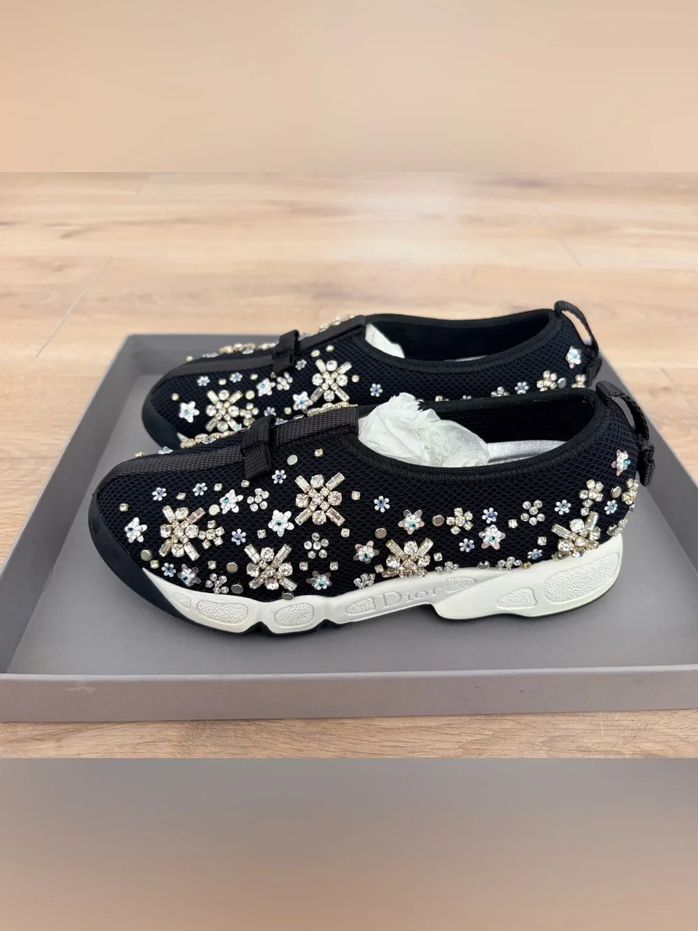 Dior Black Slip-On Sneakers with Crystal Floral Appliqués